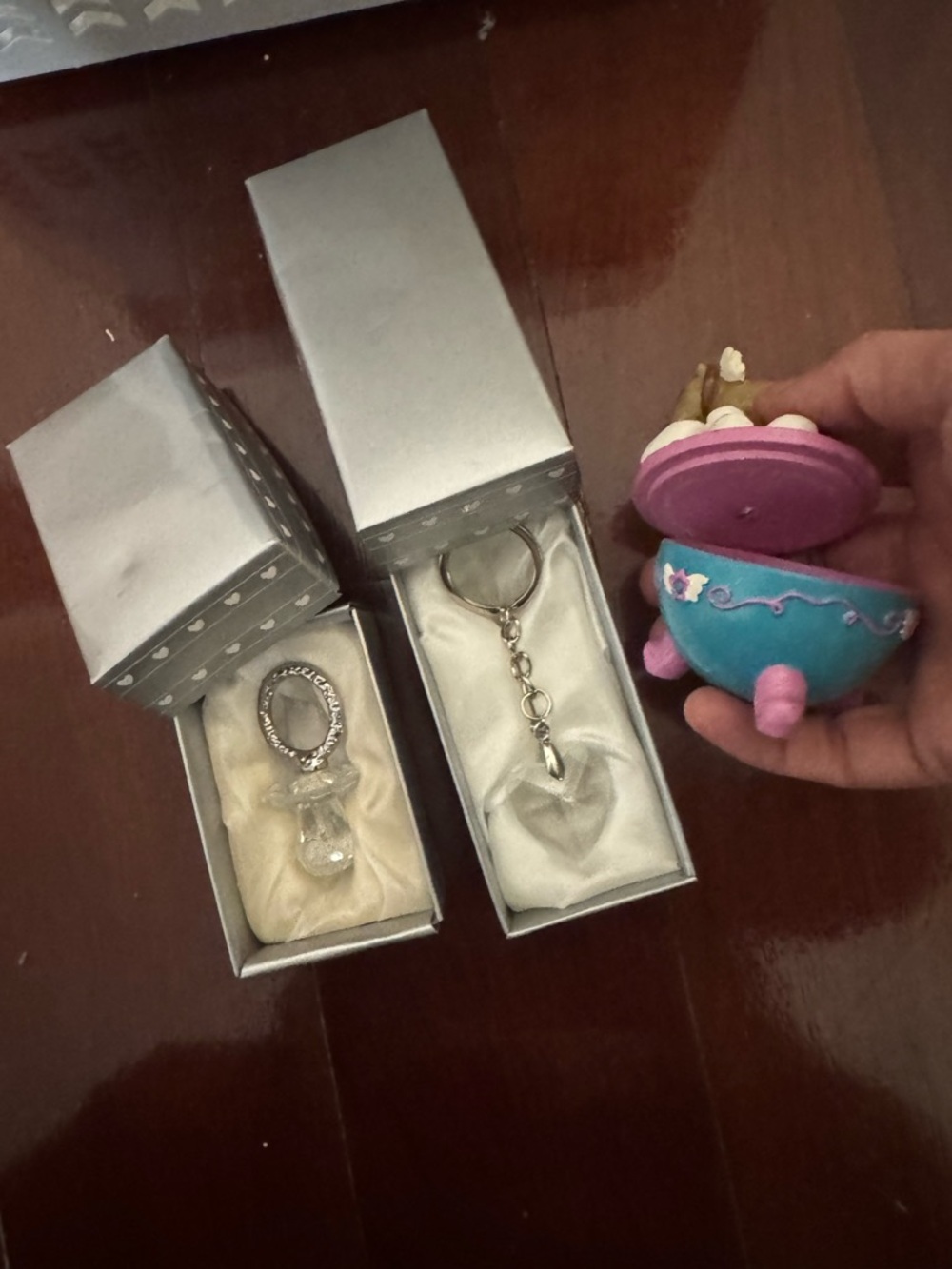 Blue and Pink Trinket Music Box with Silver Keychain & Crystal Pendant